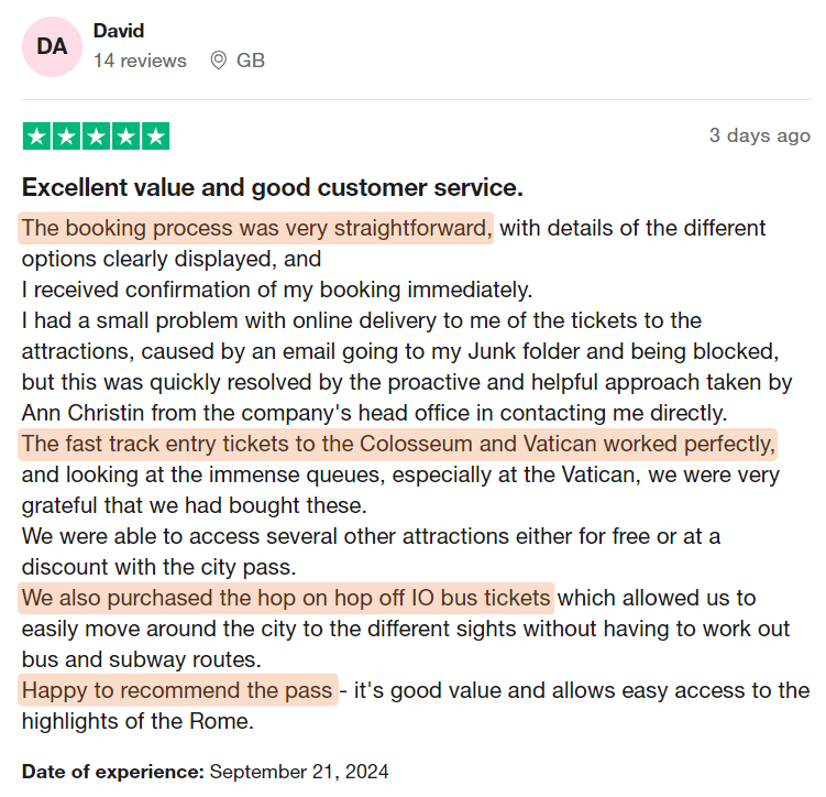 Turbopass Rome Trustpilot customer review